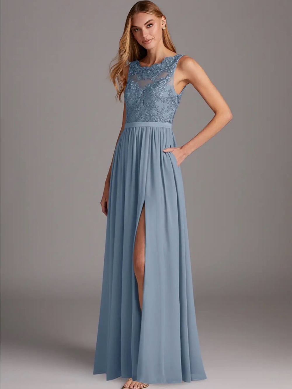 Azazie Dusty Blue Lace Bodice Chiffon Maxi Dress - Picture 1 of 11